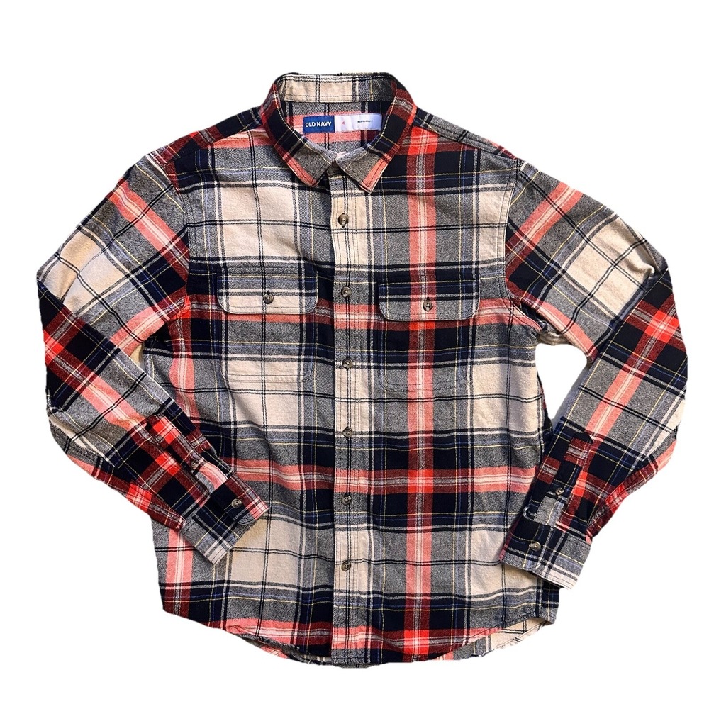 Old Navy Men's MED Flannel Shirt Red Blue Button Up Long Sleeve 2 Flap‎ Pockets